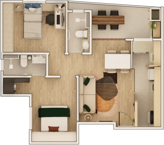 Planta 1 de Multiview Residence Apartmentos de 57,23m² e 57,89m²